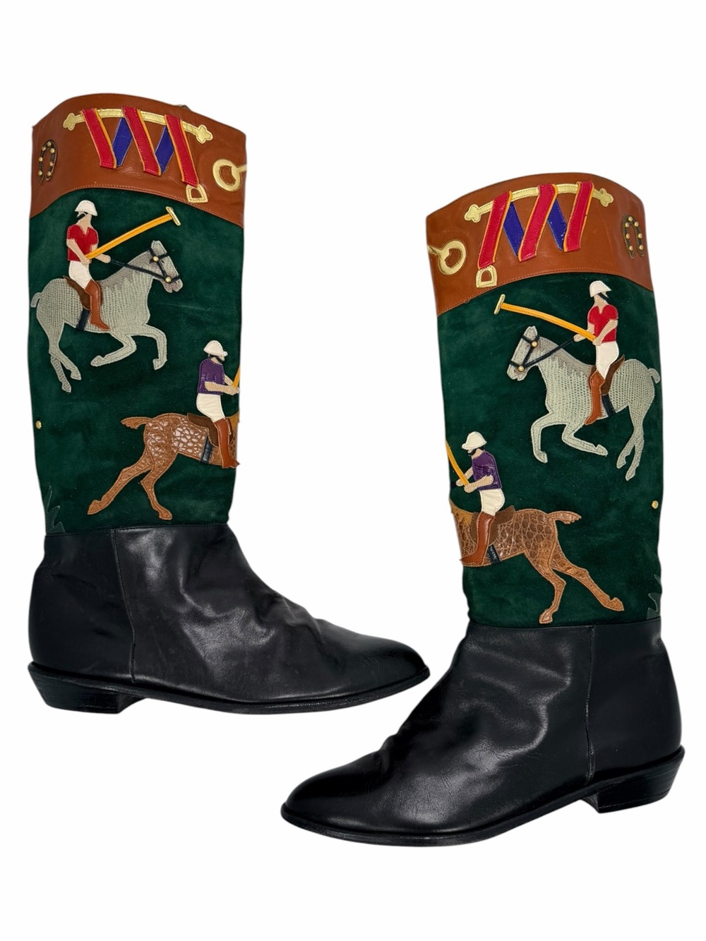 Vintage 90s Zalo Polo Equestrian Horse Appliqué Suede Leather Boots 8.5